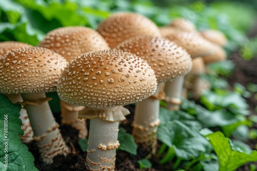 A close-up shot of a group of brown wild mushrooms growing among green foliage in a lush forest