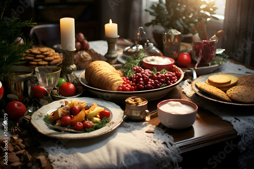 Festive table setting for Christmas or New Year dinner. Traditional christmas
