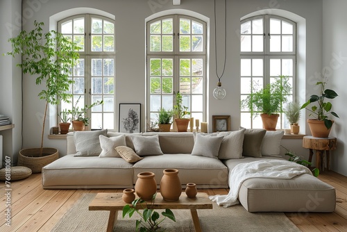 Interior design of modern apartment. Interior mockup. Scandinavian interior design. Generative AI © AntonSh