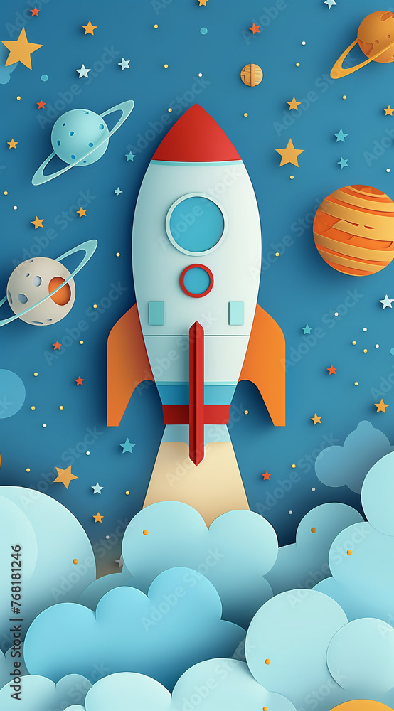 A rocket ship flying through space with planets and stars in the background, vector illustration, paper cut style, colorful, blue background, red orange white palette, simple shapes, children's book i A rocket ship flying through space with planets and stars in the background, vector illustration, paper cut style, colorful, blue background, red orange white palette, simple shapes, children's book i