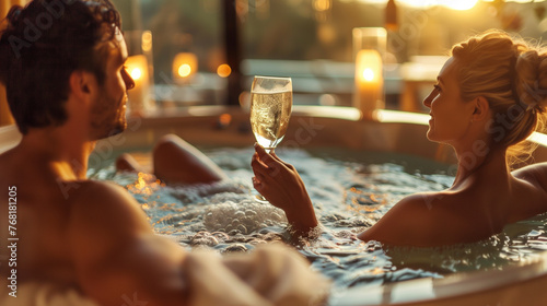 Couple relaxing in jacuzzi tub, celebrating their honeymoon in luxury hotel, candles on background