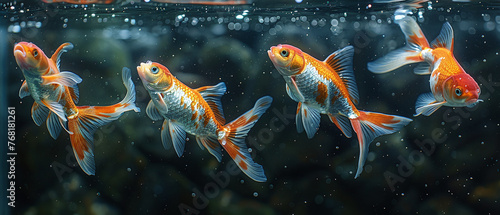 Group of elegant goldfish swimming gracefully in clear aquarium water.