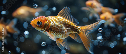 Goldfish swimming in clear aquarium water with blurred fish in the background.
