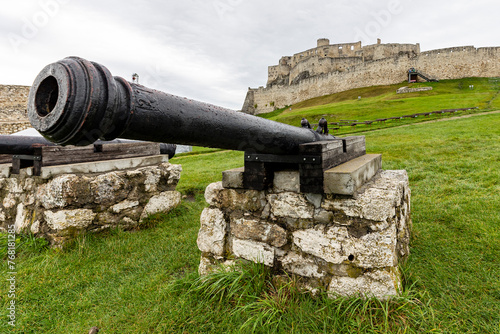 Spišský hrad, Historical Gun at the UNESCO World Heritage Site, Fortress in the Background 