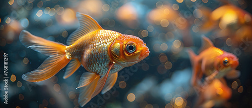 Vibrant goldfish swimming in clear aquarium water with soft focus background.