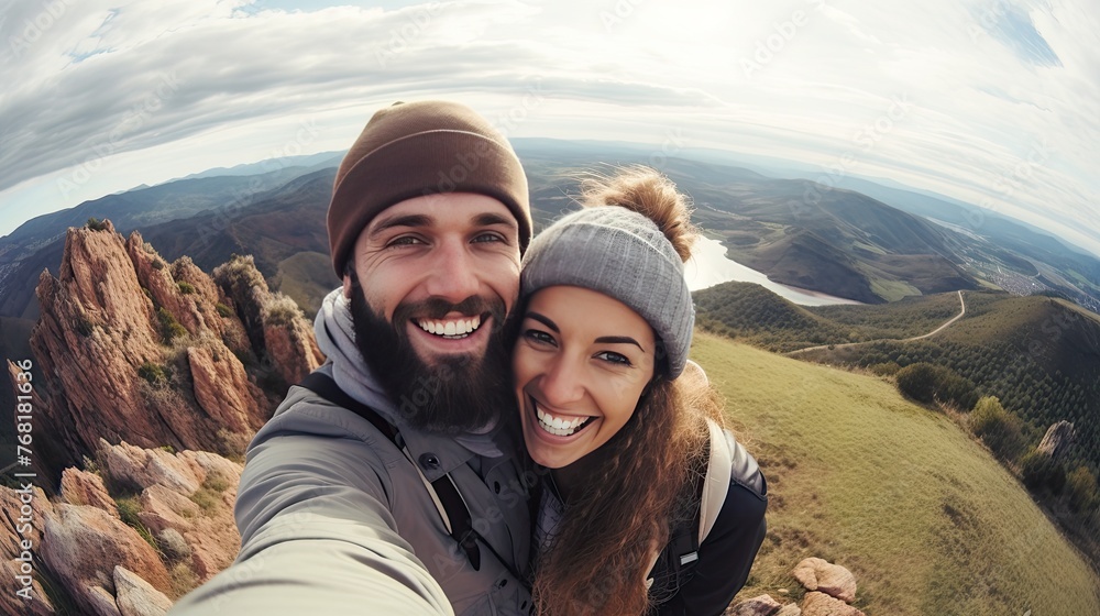 cheerful couple taking selfie photo standing on mountains.