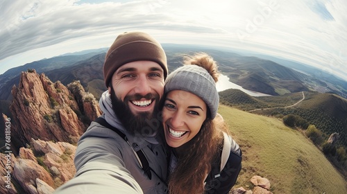 cheerful couple taking selfie photo standing on mountains. © neirfy