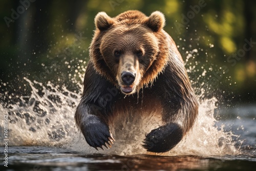 Brown bear hunt for fish in a pond, water splashes © Cat business
