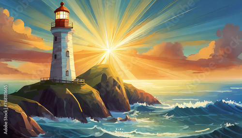 Illustration of lighthouse tower with beam of light. Ocean sunset background scene.