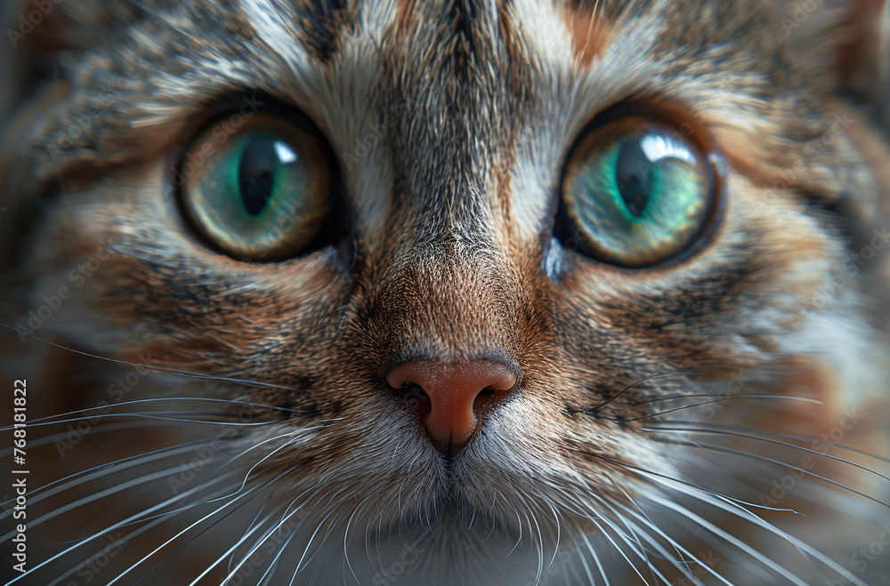 Close-up of a tabby cat with striking green eyes and detailed fur texture.