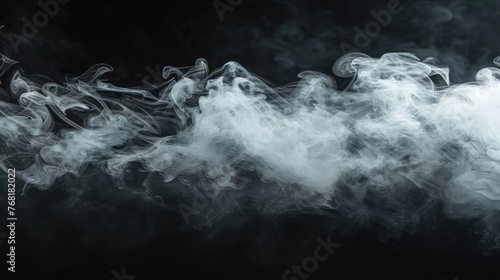 Abstract smoke, fog white cloudiness, mist or smog moves on black background, swirling gray smoke, mockup for your logo, wallpaper or web banner