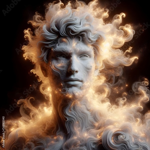 A male figure made up of swirling, sparkling pigment and fire that looked almost like the sun.