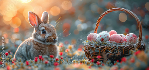 Rabbit beside an Easter egg basket in a flower field during golden hour.