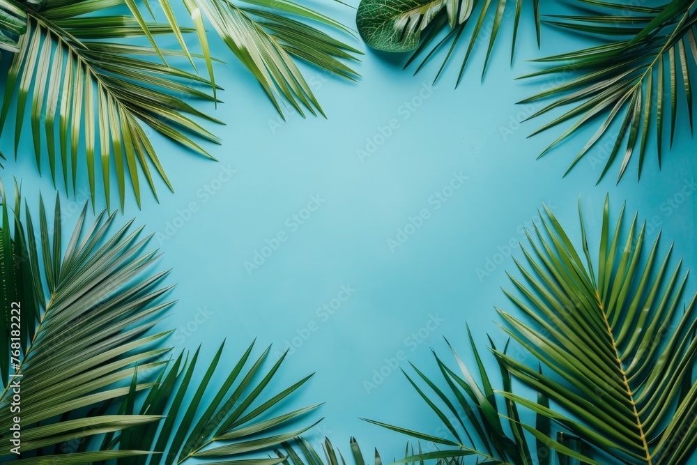 Naklejka premium Blue Background With Green Palm Leaves