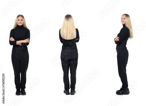 front,rear and side view of a blonde woman standing with arms crossed on white background