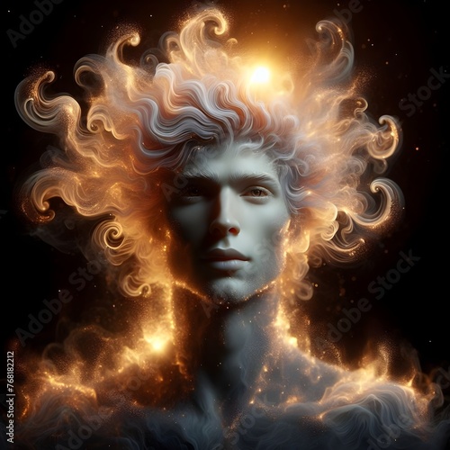 A male figure made up of swirling, sparkling pigment and fire that looked almost like the sun.