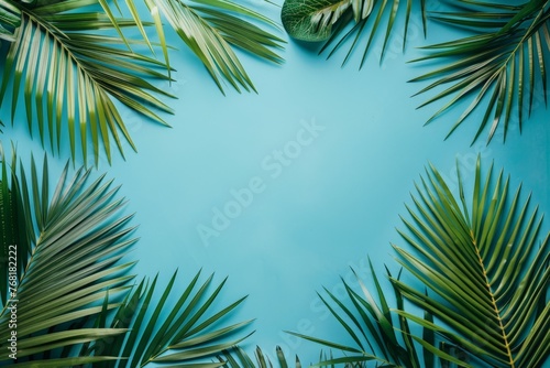Blue Background With Green Palm Leaves