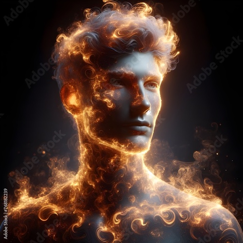A male figure made up of swirling, sparkling pigment and fire that looked almost like the sun.