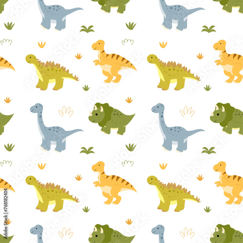 Seamless pattern with funny dinosaurs in flat style. Creative vector childish background with hand drawn dino for fabric  textile  children room decoration.