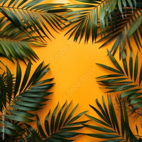Green Palm Leaves on a Yellow Background