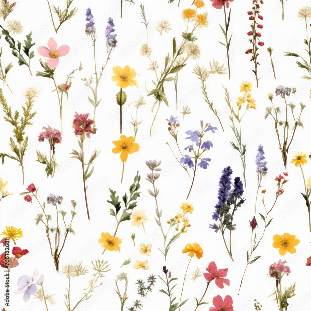 Wildflowers fine seamless pattern on the white background. Watercolor floral illustration in natural colors for fabric and paper design.