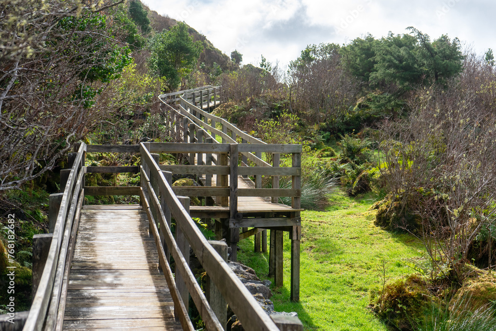 Wooden footbridge winding through sulfur fumaroles in Terceira Island's furnas, Azores.