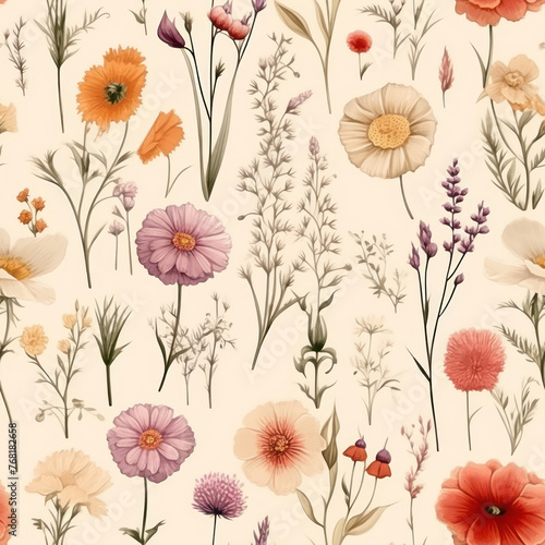 Wildflowers fine seamless pattern on the beige background. Watercolor floral illustration in natural colors for fabric and paper design.