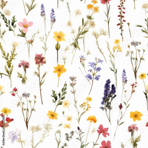 Wildflowers fine seamless pattern on the white background. Watercolor floral illustration in natural colors for fabric and paper design. © NadyaSaen 