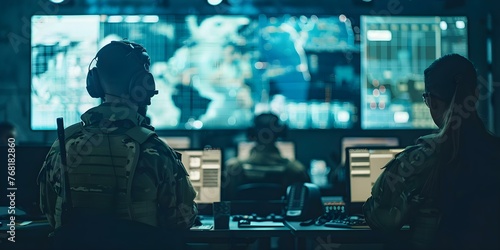 Female and male military officers collaborate in a government surveillance agency's control center during a joint operation. Concept Surveillance Operations, Military Collaboration