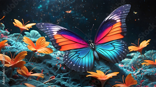 bright colorful tropical butterfly in a mysterious forest against the backdro...