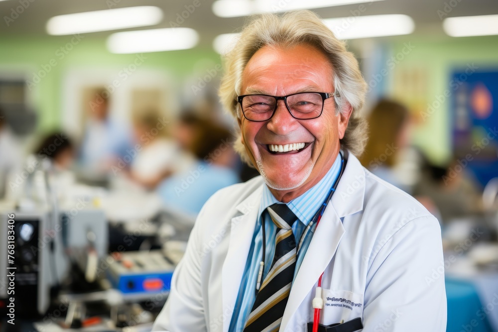 A smiling portrait of a senior doctor in the bright premises of a hospital, polyclinic. A smiling portrait of a senior doctor in the bright premises of a hospital, polyclinic.