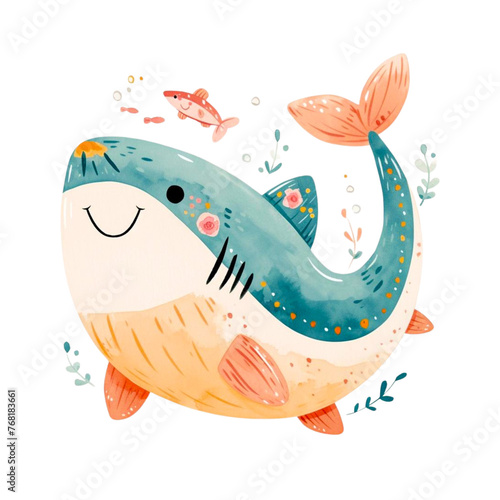 Cute Watercolor Smiling Blue Shark isolated PNG. 