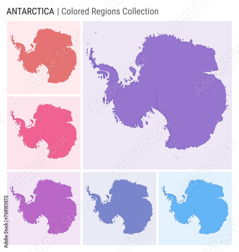 Antarctica map collection. Country shape with colored regions. Deep Purple  Red  Pink  Purple  Indigo  Blue color palettes. Border of Antarctica with provinces for your infographic.