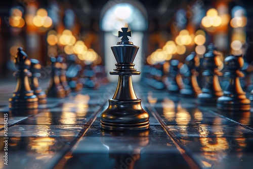 A chessboard midgame, focused on a single piece with the potential for a gamewinning move , Hyper realistic