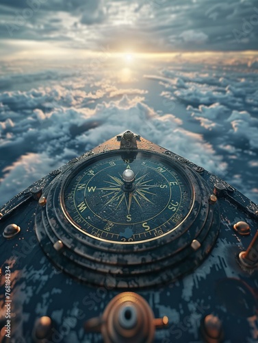 A compass spinning wildly in the cockpit of a ship navigating the Bermuda Triangle, the ocean horizon distorted , 3D style