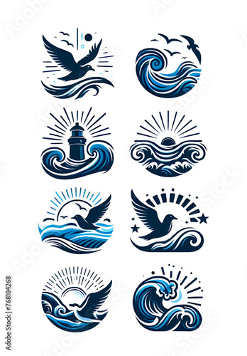 collection of ocean logo with waves and seagulls isolated on white background