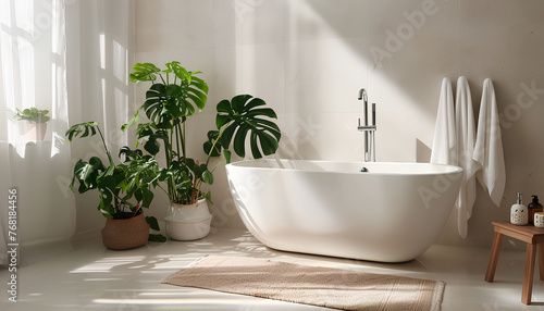 Interior of light bathroom with bathtub and Monstera houseplant