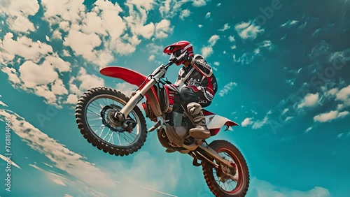 motorcycle stunt or car jump. A off road moto cross type motor bike, in mid air during a jump with a dirt trail. cnayon with blue sky.generative ai photo