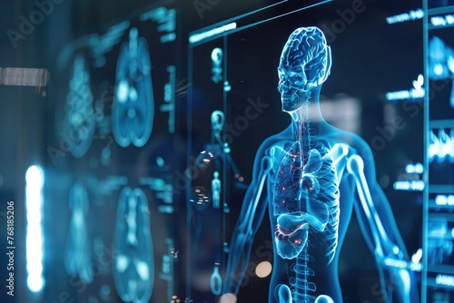 An AI-driven diagnostic tool analyzing medical images for early detection of diseases with unparalleled accuracy. Text: "Empowering proactive healthcare through AI insights
