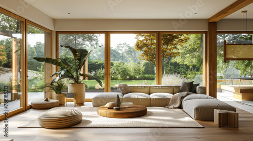 Modern eco-friendly living room with panoramic windows and nature view
