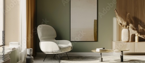 A contemporary living room filled with furniture  including a gray and white chair  situated next to a large window. A beige wall acts as the backdrop  with a vertical poster in a thick frame serving