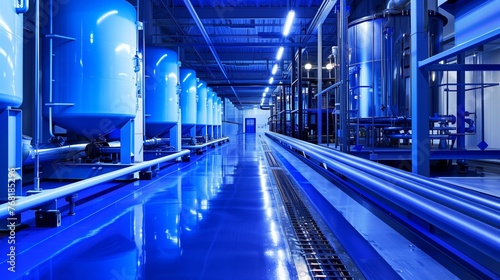 Big industrial building with blue lights, pipes