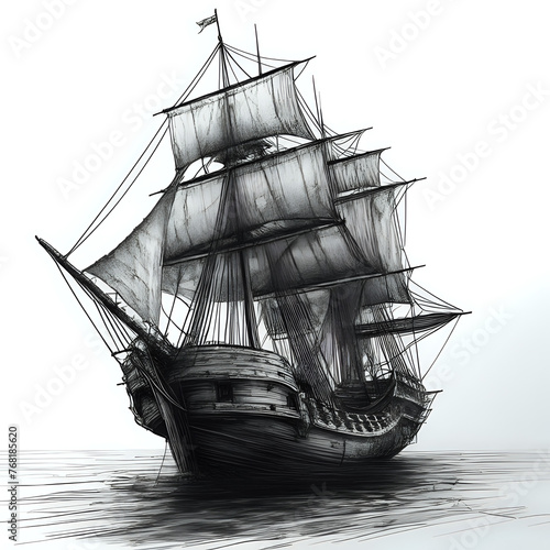 A sketch of a pirate ship in black-and-white with realistic textures and low resolution - generated by ai