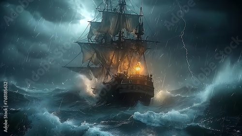 Mystery Sailing old ship in stormy with lightning bolts and rain and dramatic dark sky AI generated
