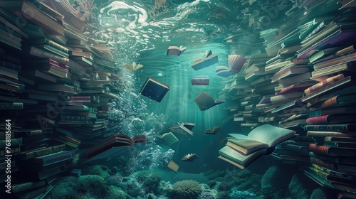An undersea library where books float in the water