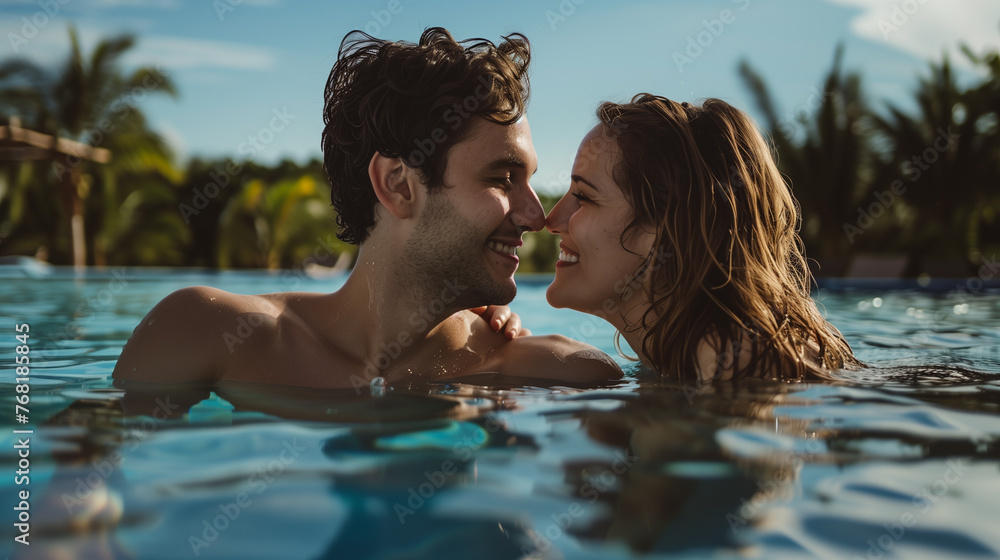 Portrait of lovely couple enjoying summer vacation on pool together, looking at each other closely, tropical resort background