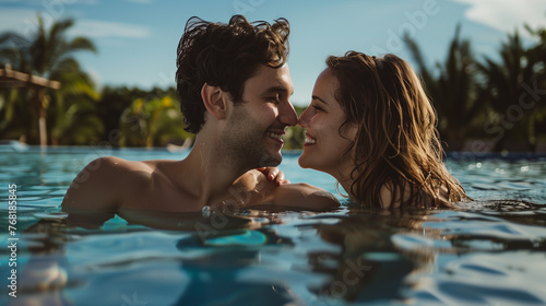 Portrait of lovely couple enjoying summer vacation on pool together  looking at each other closely  tropical resort background