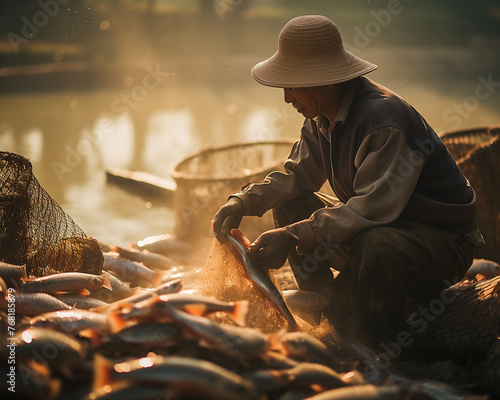 Hardworking Asian fisherman carefully sorts through his morning catch of freshwater fish © HecoPhoto