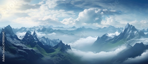 Wallpaper Mural A painting depicting snow-capped mountains merging with green terrain under a sky filled with swirling clouds, creating a majestic scene of natural beauty and mystique. Torontodigital.ca