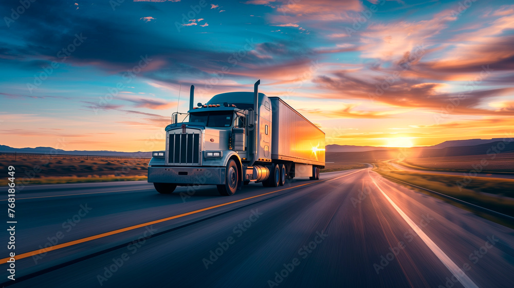 A semi truck is driving down a road at sunset